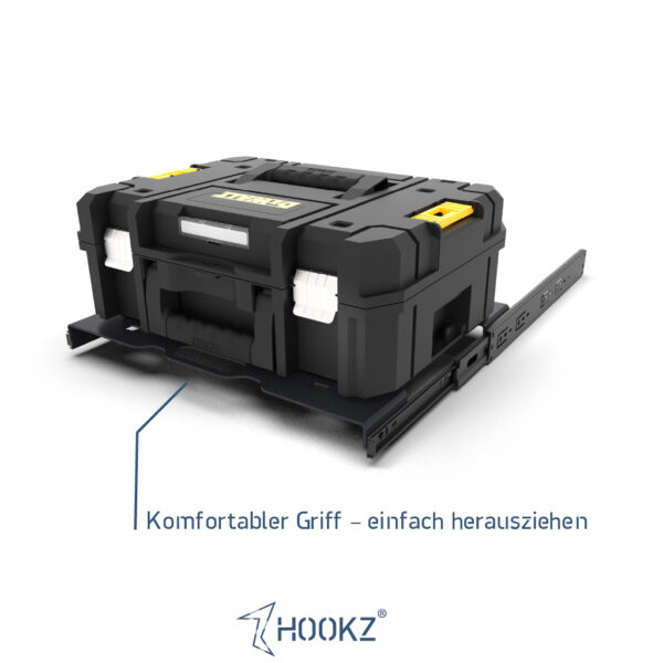 Komfortabler Griff zum leichten Herausziehen des Auszugs bei unserem Vollauszug für die DeWalt TSTAK Box