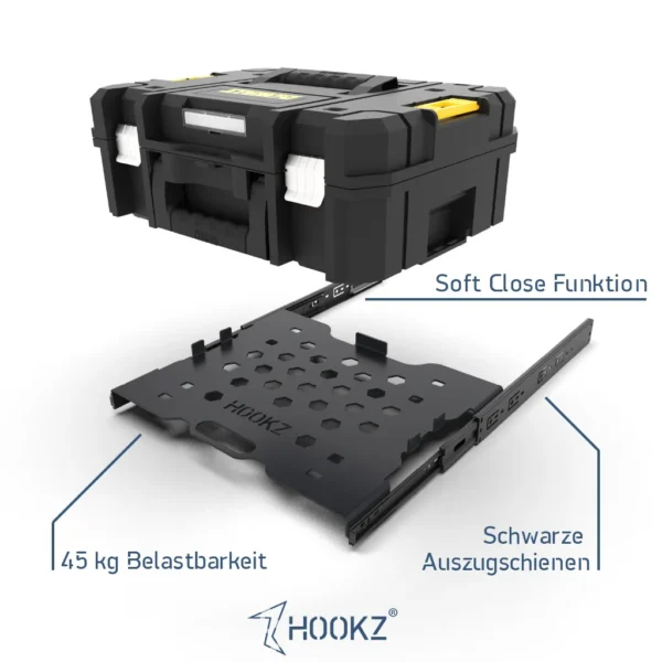 HOOKZ Vollauszug für die DeWalt TSTAK Box mit Soft-Close, 45 kg Tragkraft, schwarzen Schienen