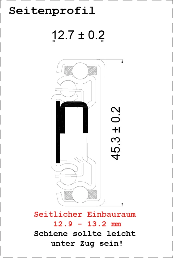 Querschnitt der Teleskopschiene mit Maßangaben zu Breite, Höhe und Einbauraum