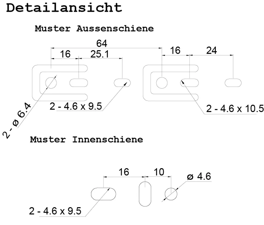 Technische Zeichnung mit Lochmaßen der Außen- und Innenschiene eines Vollauszugs