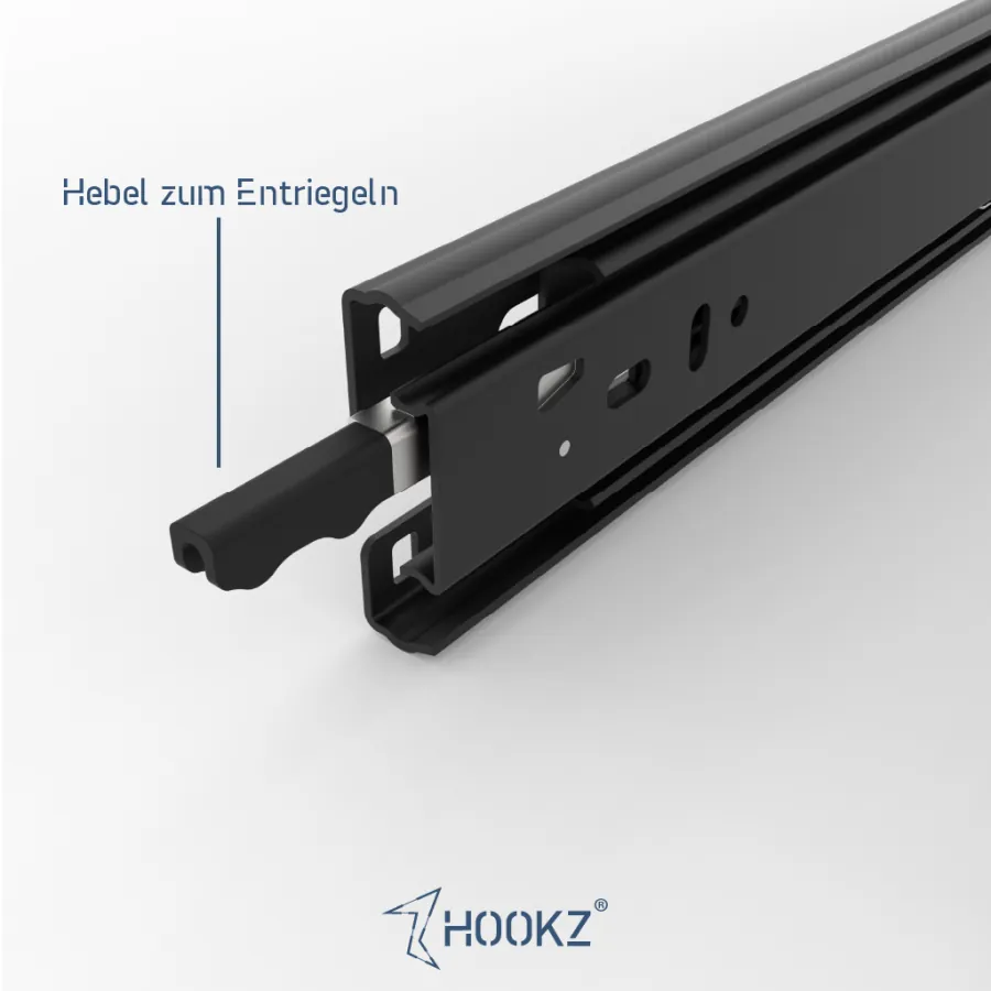 Detailaufnahme des Entriegelungshebels am Auszug