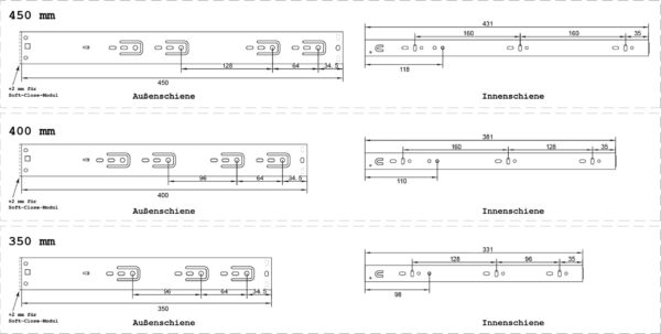 Technische Zeichnung der Teleskopschienen in 350 mm, 400 mm und 450 mm mit Maßen und Querschnitt