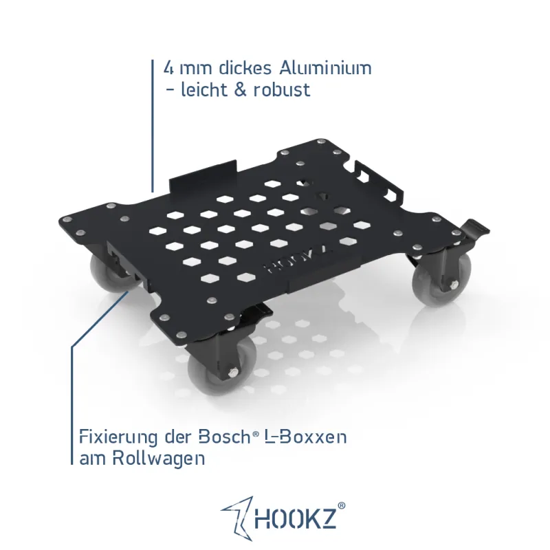 HOOKZ Rollwagen für Bosch L-Boxx | 4 mm Aluminium, 100 mm Rollen, 150 kg Tragkraft